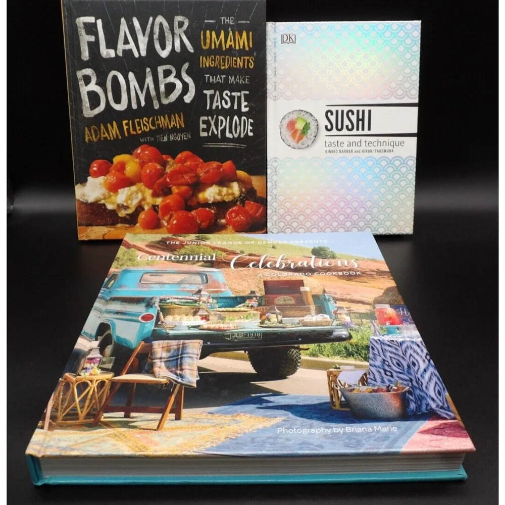 Lot of 3 Hardcover Cookbooks Sushi, Flavor Bombs, Centennial Celebrations
